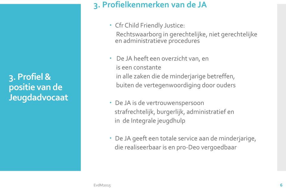 Profiel & positie van de Jeugdadvocaat De JA heeft een overzicht van, en is een constante in alle zaken die de minderjarige