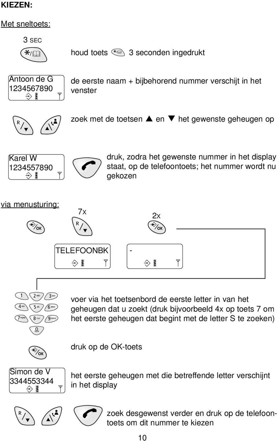 - voer via het toetsenbord de eerste letter in van het geheugen dat u zoekt (druk bijvoorbeeld 4x op toets 7 om het eerste geheugen dat begint met de letter S te zoeken) druk op