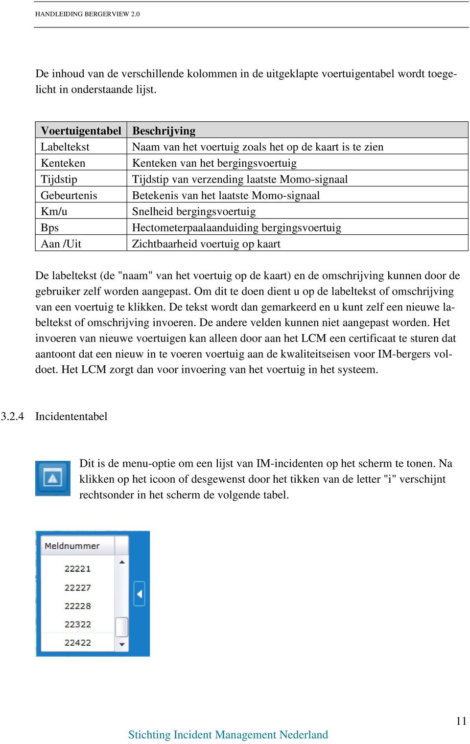 Gebeurtenis Betekenis van het laatste Momo-signaal Km/u Snelheid bergingsvoertuig Bps Hectometerpaalaanduiding bergingsvoertuig Aan /Uit Zichtbaarheid voertuig op kaart De labeltekst (de "naam" van