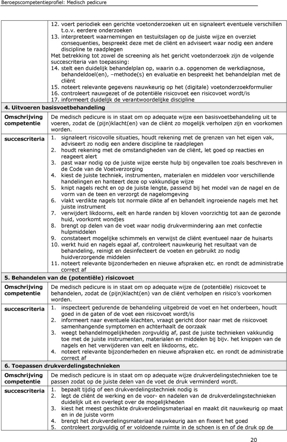 zowel de screening als het gericht voetonderzoek zijn de volgende succescriteria van toepassing: 14. stelt een duidelijk behandelplan op, waarin o.a. opgenomen de werkdiagnose, behandeldoel(en), methode(s) en evaluatie en bespreekt het behandelplan met de cliënt 15.