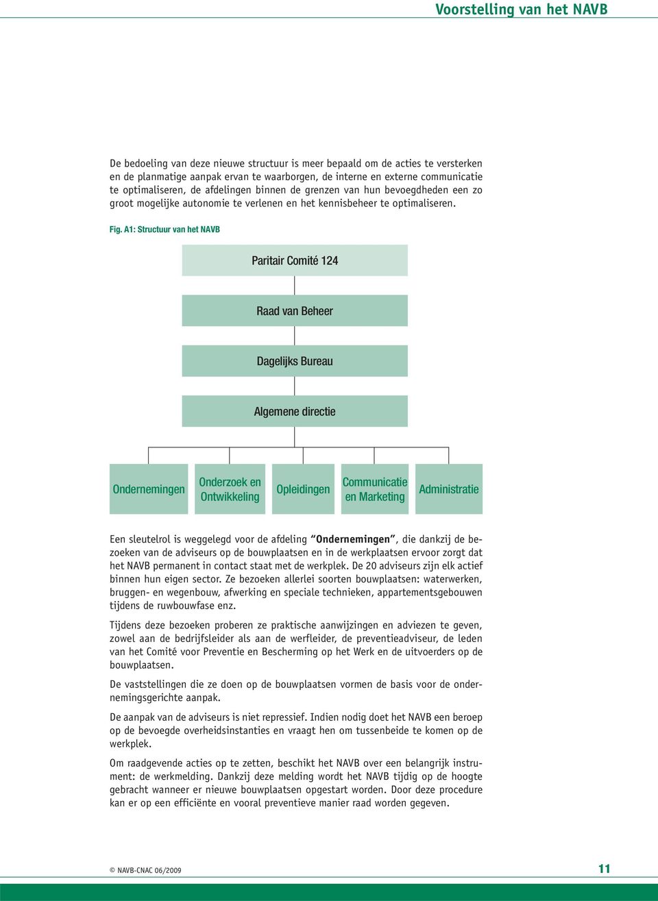 A1: Structuur van het NAVB Paritair Comité 124 Raad van Beheer Dagelijks Bureau Algemene directie Ondernemingen Onderzoek en Ontwikkeling Opleidingen Communicatie en Marketing Administratie Een