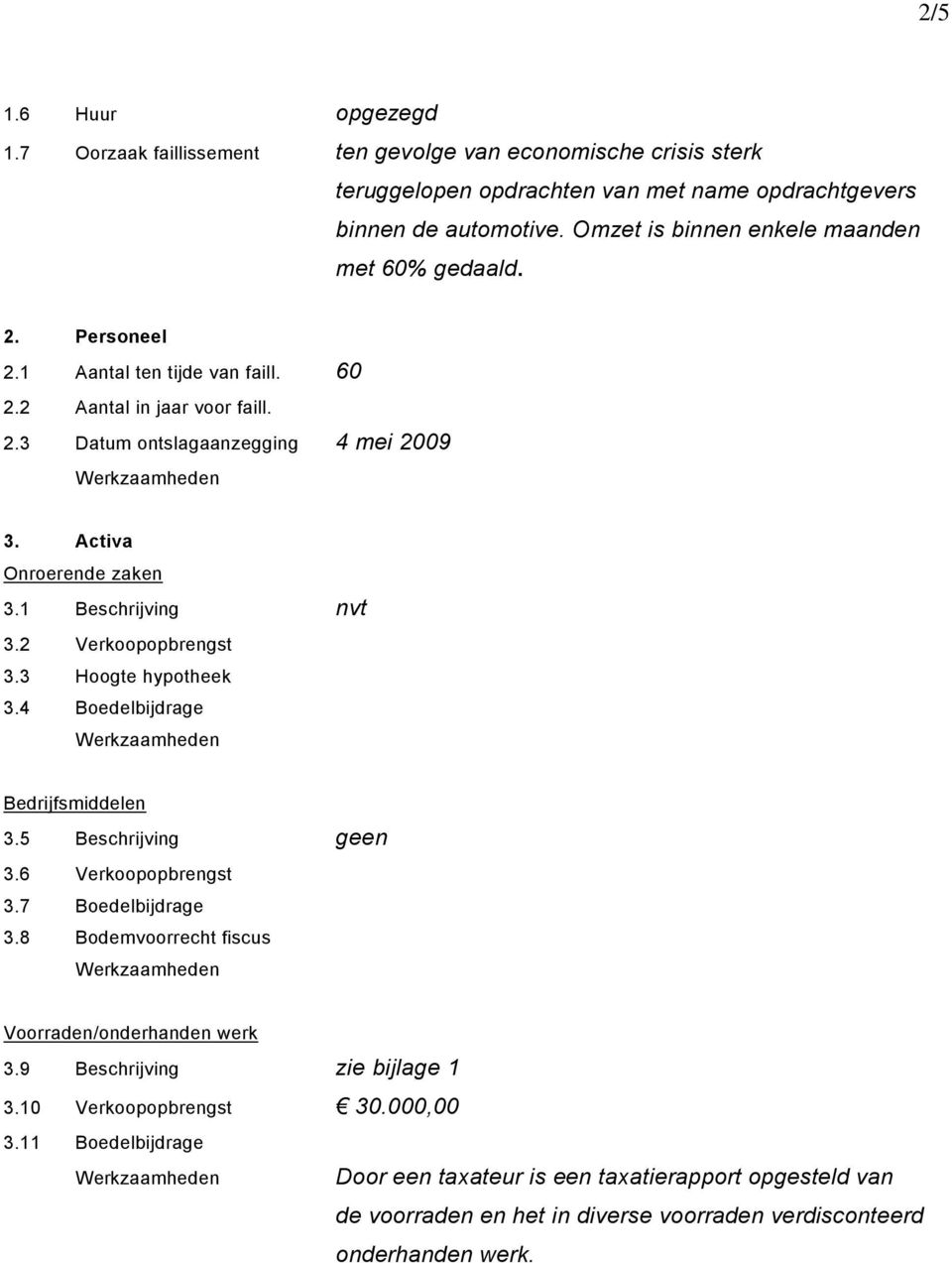 1 Beschrijving nvt 3.2 Verkoopopbrengst 3.3 Hoogte hypotheek 3.4 Boedelbijdrage Bedrijfsmiddelen 3.5 Beschrijving geen 3.6 Verkoopopbrengst 3.7 Boedelbijdrage 3.