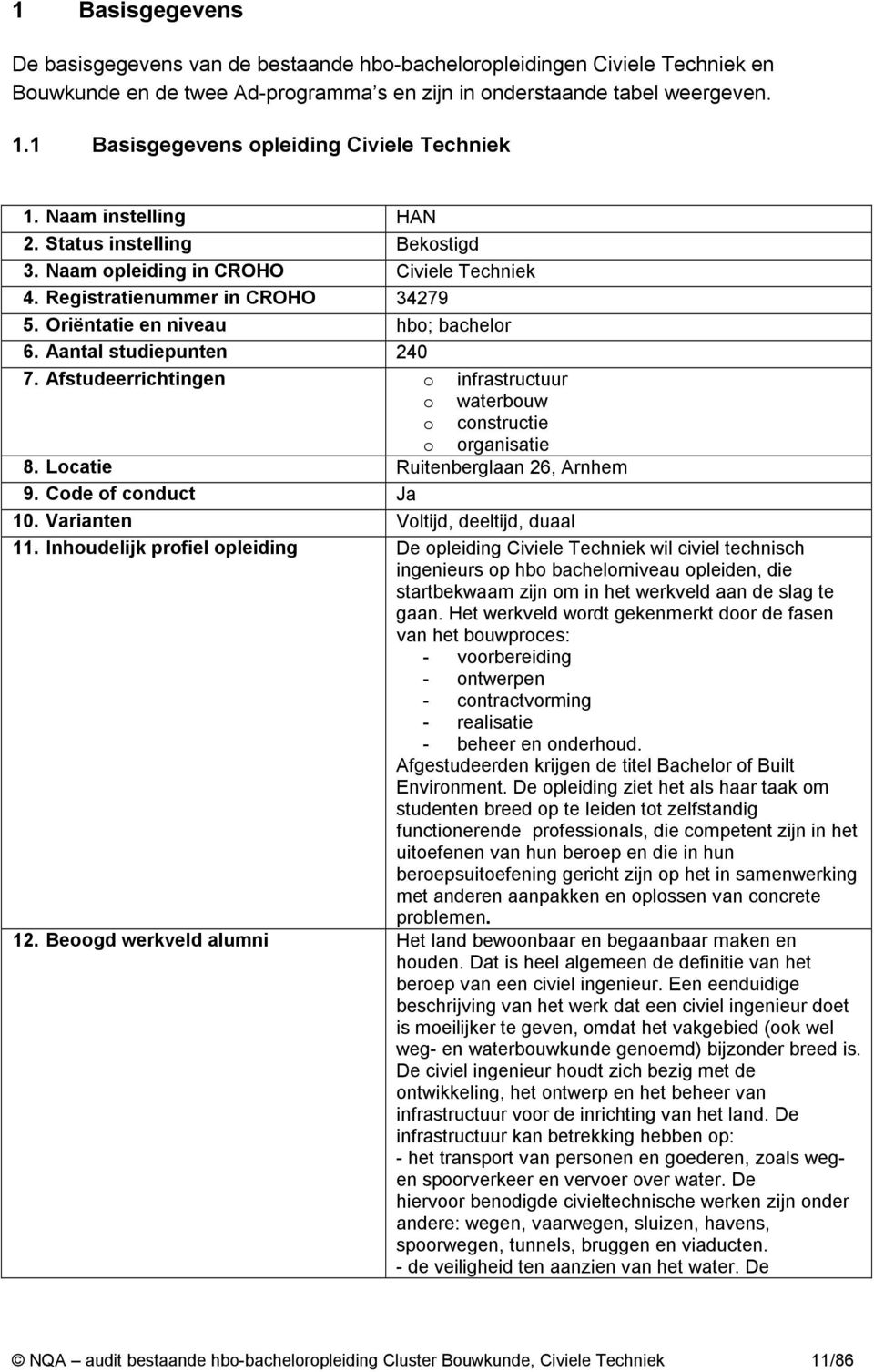 Oriëntatie en niveau hbo; bachelor 6. Aantal studiepunten 240 7. Afstudeerrichtingen o infrastructuur o waterbouw o constructie o organisatie 8. Locatie Ruitenberglaan 26, Arnhem 9.