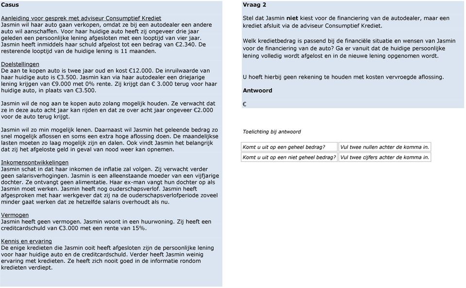 De resterende looptijd van de huidige lening is 11 maanden. Doelstellingen De aan te kopen auto is twee jaar oud en kost 12.000. De inruilwaarde van haar huidige auto is 3.500.
