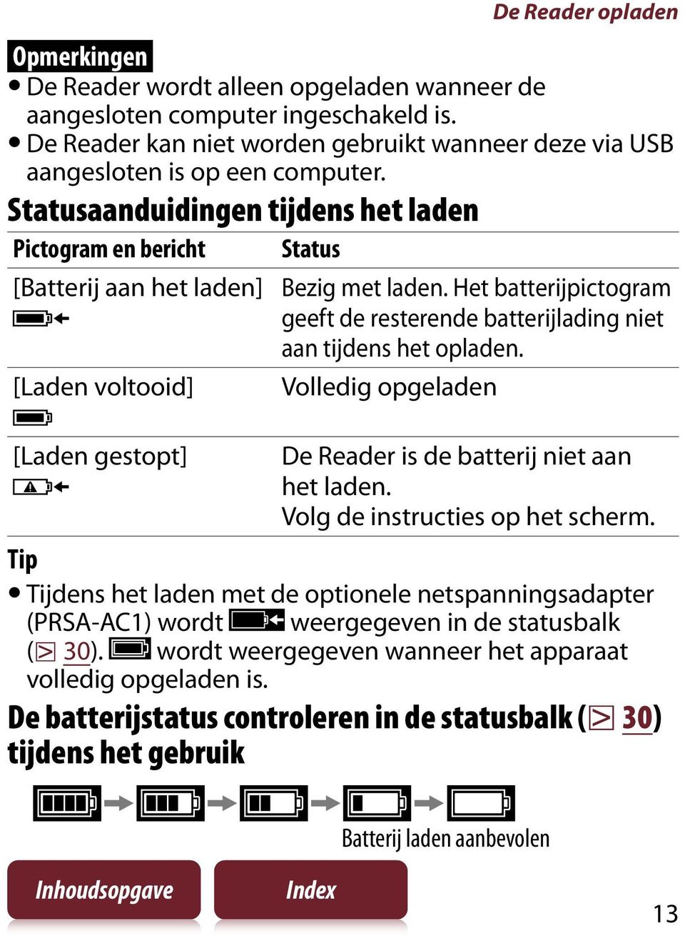 Het batterijpictogram geeft de resterende batterijlading niet aan tijdens het opladen. Volledig opgeladen [Laden gestopt] De Reader is de batterij niet aan het laden.