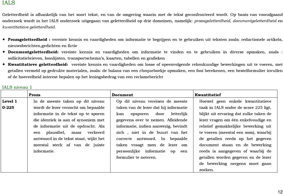 Prozageletterdheid : vereiste kennis en vaardigheden om informatie te begrijpen en te gebruiken uit teksten zoals: redactionele artikels, nieuwsberichten,gedichten en fictie Documentgeletterdheid: