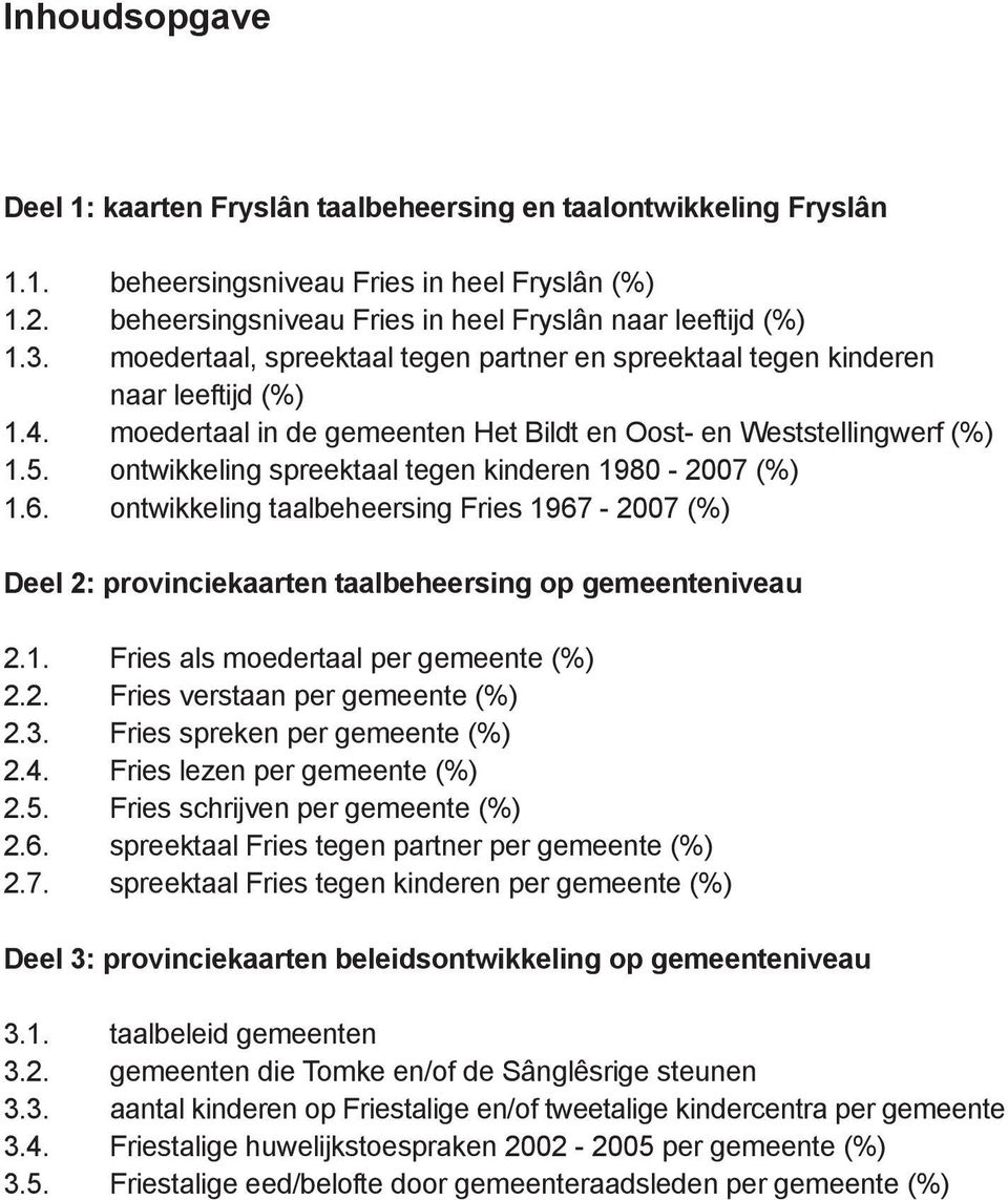 ontwikkeling spreektaal tegen kinderen 1980-2007 (%) 1.6. ontwikkeling taalbeheersing Fries 1967-2007 (%) Deel 2: provinciekaarten taalbeheersing op gemeenteniveau 2.1. Fries als moedertaal per gemeente (%) 2.