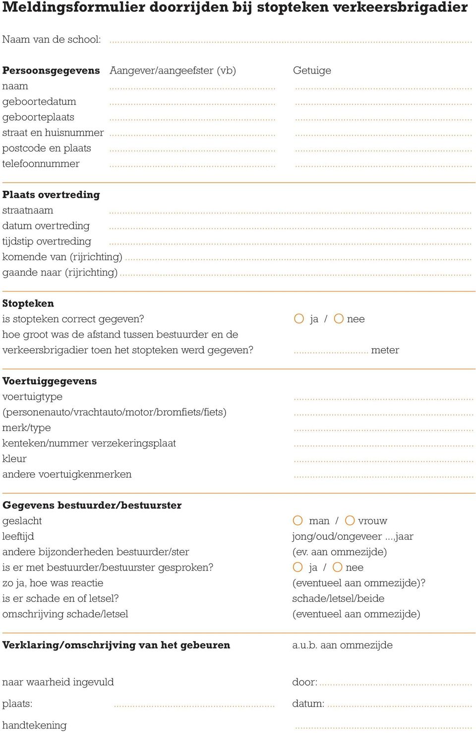 .. gaande naar (rijrichting)... Stopteken is stopteken correct gegeven? hoe groot was de afstand tussen bestuurder en de verkeersbrigadier toen het stopteken werd gegeven? O ja / O nee.