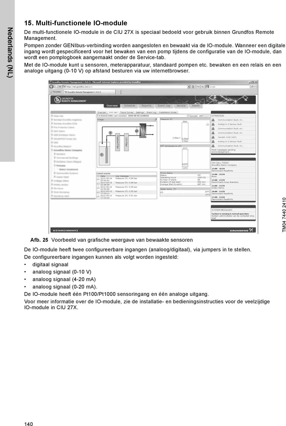 Wanneer een digitale ingang wordt gespecificeerd voor het bewaken van een pomp tijdens de configuratie van de IO-module, dan wordt een pomplogboek aangemaakt onder de Service-tab.