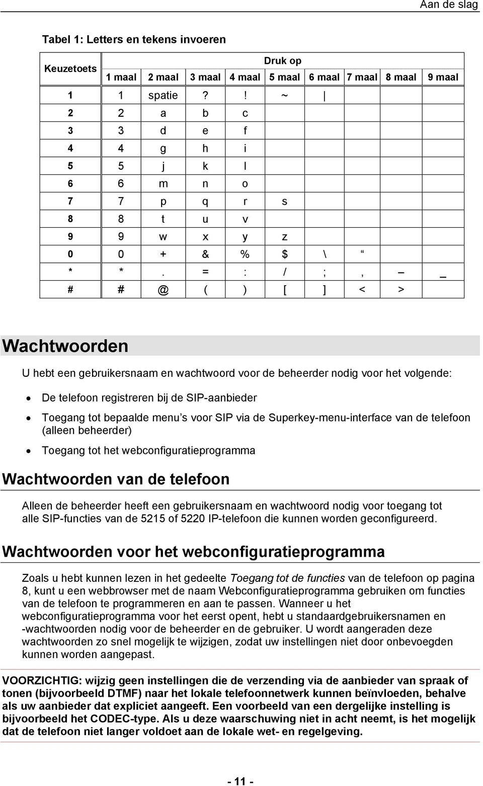 = : / ;, _ # # @ ( ) [ ] < > Wachtwoorden U hebt een gebruikersnaam en wachtwoord voor de beheerder nodig voor het volgende: De telefoon registreren bij de SIP-aanbieder Toegang tot bepaalde menu s