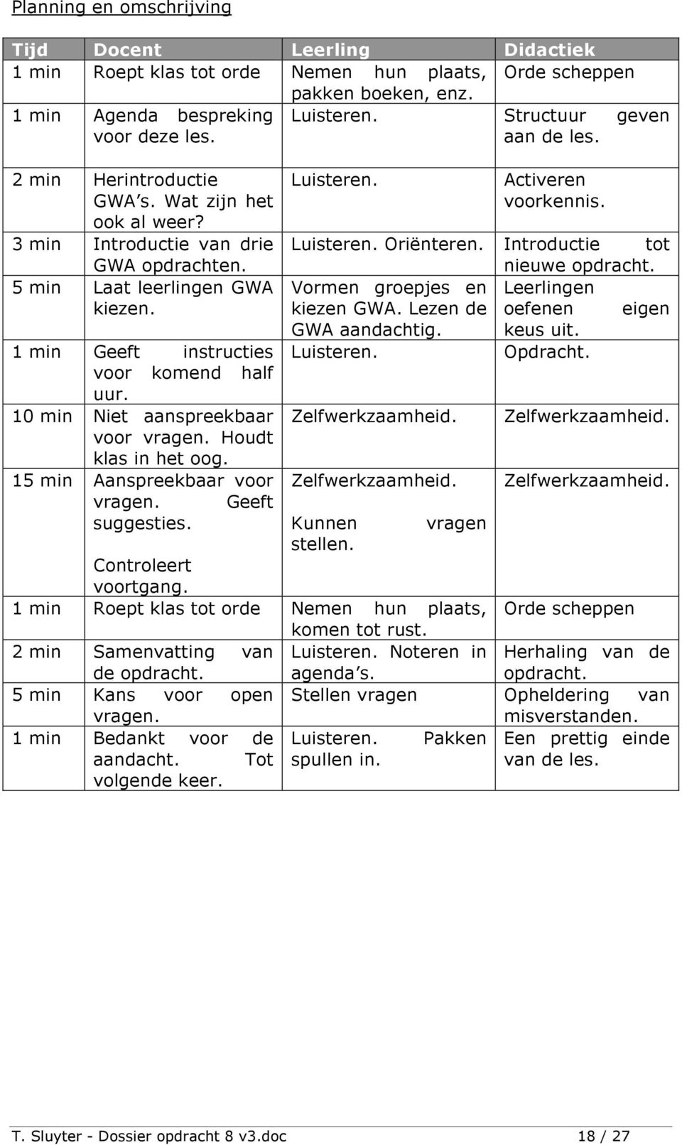 10 min Niet aanspreekbaar voor vragen. Houdt klas in het oog. 15 min Aanspreekbaar voor vragen. Geeft suggesties. Luisteren. Activeren voorkennis. Luisteren. Oriënteren.