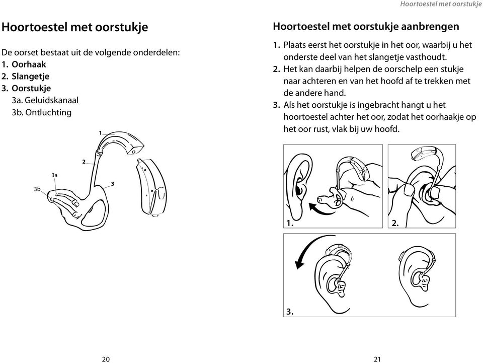 Plaats eerst het oorstukje in het oor, waarbij u het onderste deel van het slangetje vasthoudt. 2.