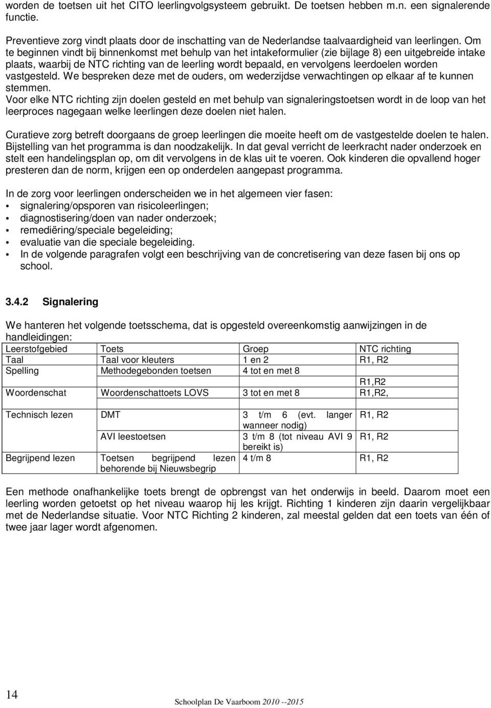 Om te beginnen vindt bij binnenkomst met behulp van het intakeformulier (zie bijlage 8) een uitgebreide intake plaats, waarbij de NTC richting van de leerling wordt bepaald, en vervolgens leerdoelen