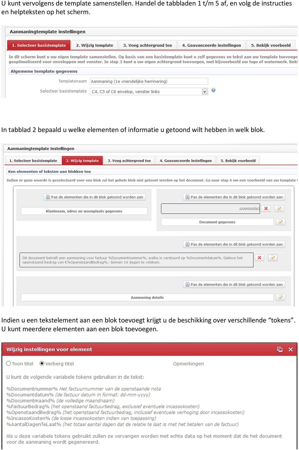 In tabblad 2 bepaald u welke elementen of informatie u getoond wilt hebben in welk blok.