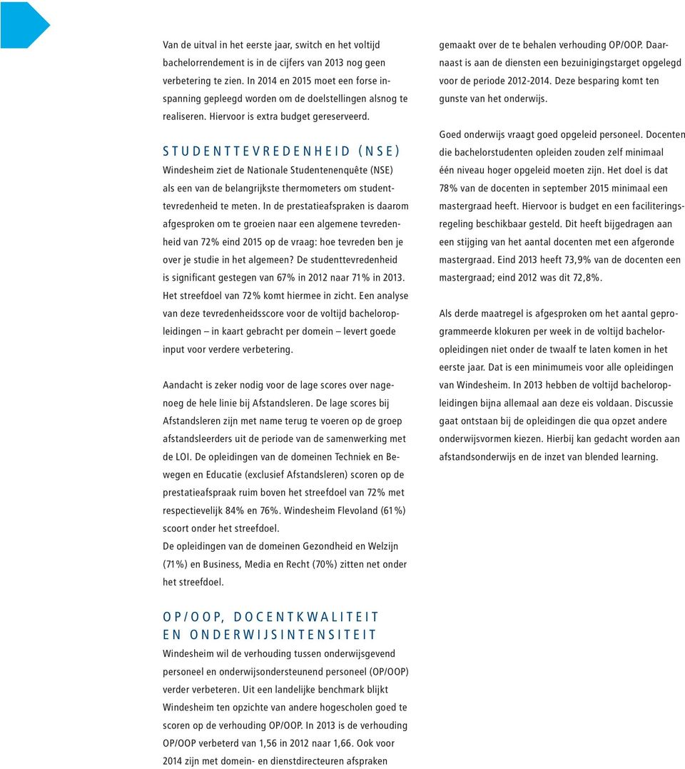 STUDENTTEVREDENHEID (NSE) Windesheim ziet de Nationale Studentenenquête (NSE) als een van de belangrijkste thermometers om studenttevredenheid te meten.