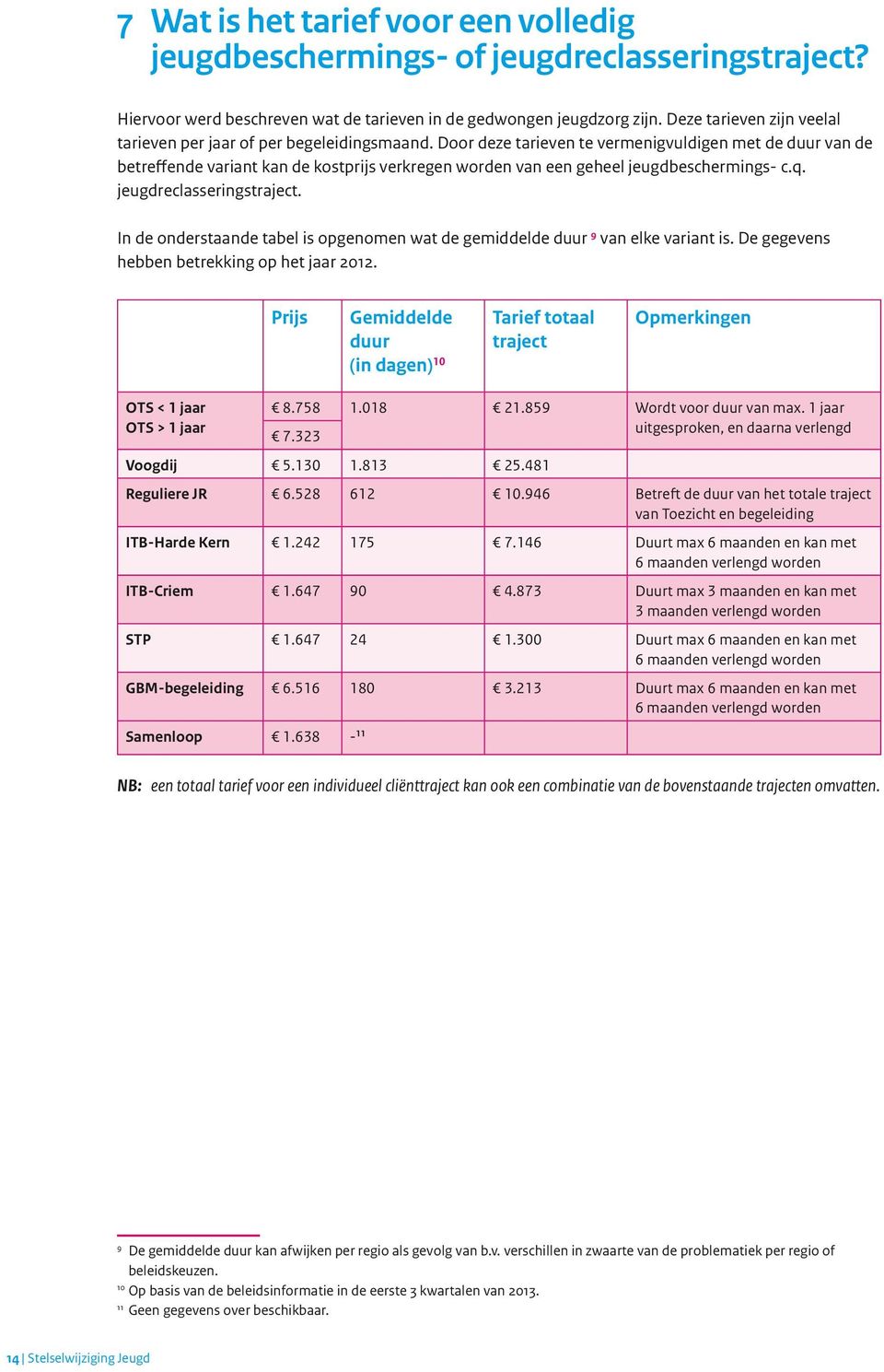 Door deze tarieven te vermenigvuldigen met de duur van de betreffende variant kan de kostprijs verkregen worden van een geheel jeugdbeschermings- c.q. jeugdreclasseringstraject.