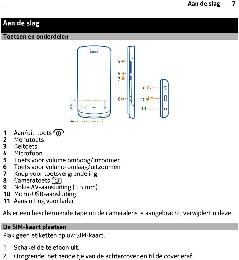 Micro-USB-aansluiting 11 Aansluiting voor lader Als er een beschermende tape op de cameralens is aangebracht, verwijdert u deze.