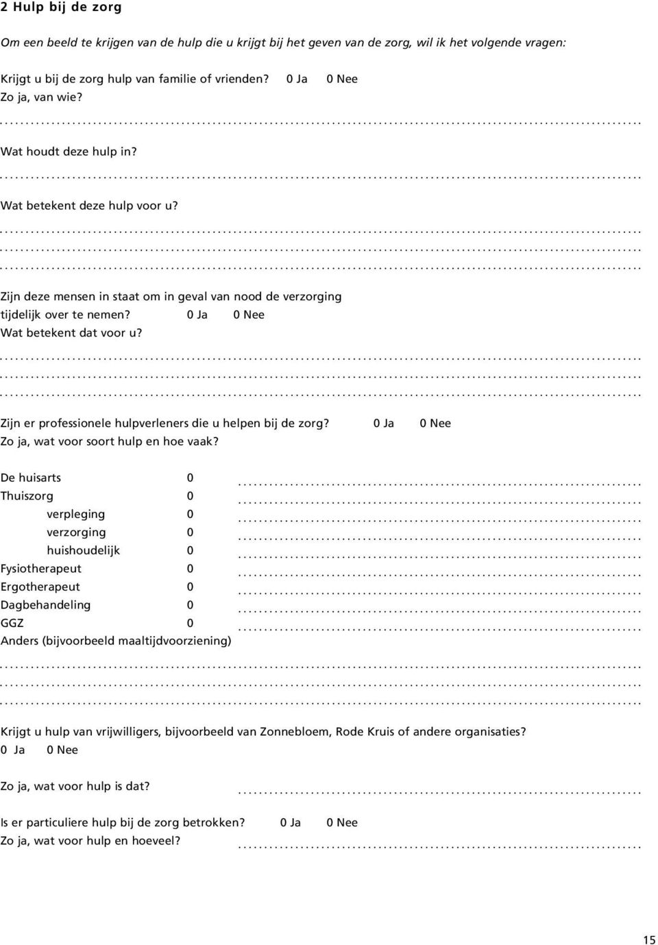 Zijn er professionele hulpverleners die u helpen bij de zorg? 0 Ja 0 Nee Zo ja, wat voor soort hulp en hoe vaak?