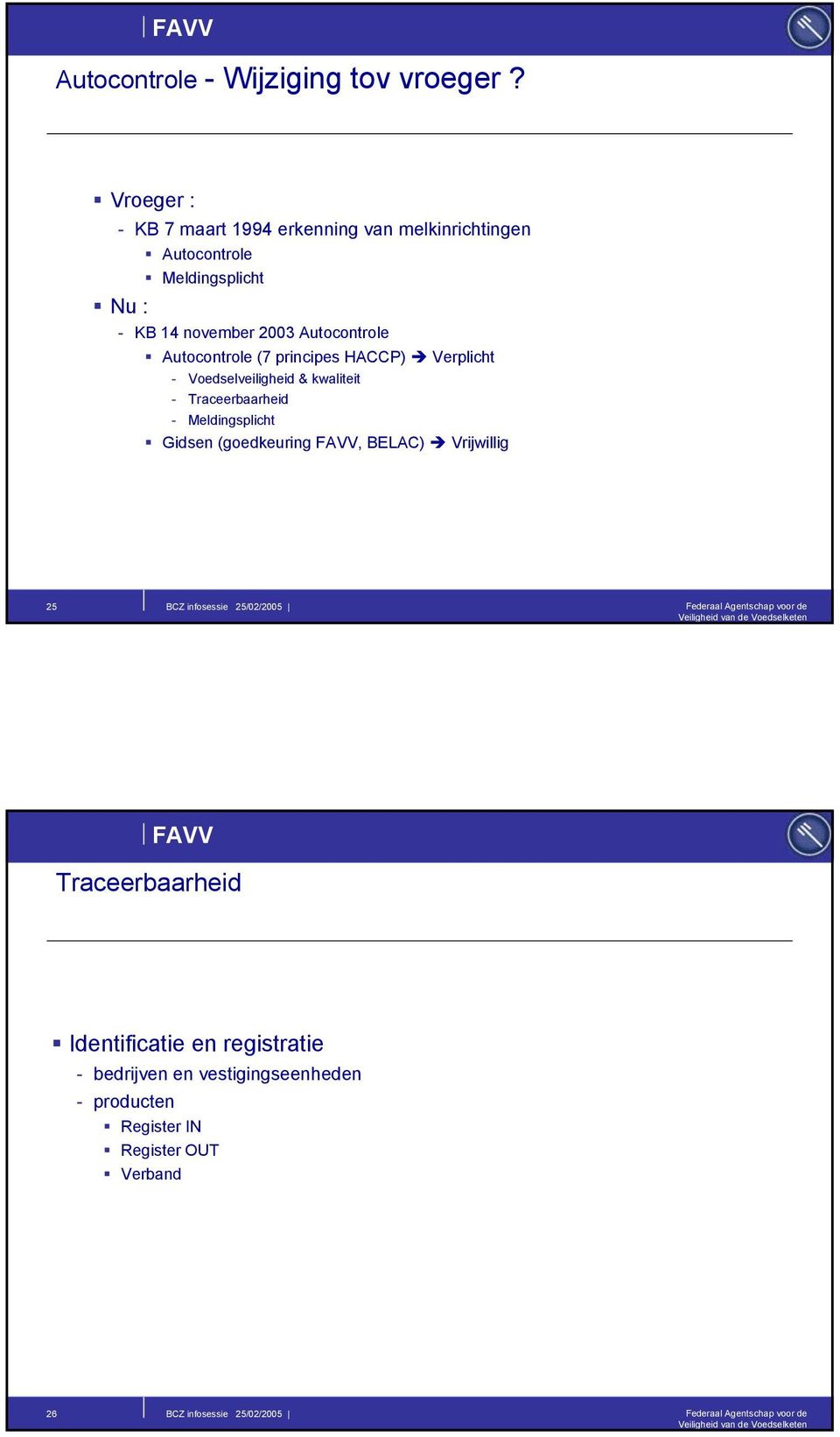 HACCP) Verplicht - Voedselveiligheid & kwaliteit - Traceerbaarheid - Meldingsplicht Gidsen (goedkeuring FAVV, BELAC) Vrijwillig 25 BCZ infosessie 25/02/2005