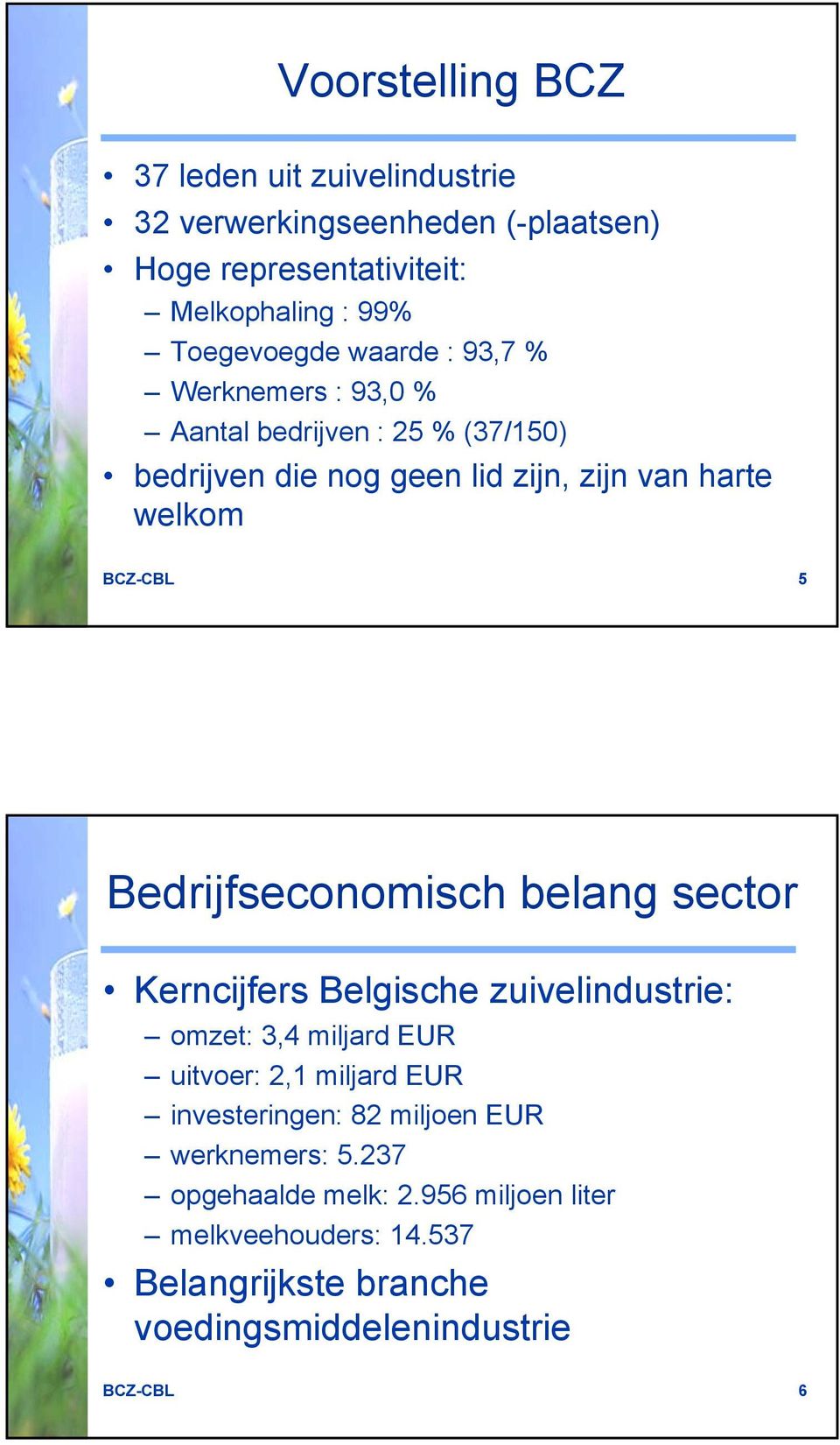 Bedrijfseconomisch belang sector Kerncijfers Belgische zuivelindustrie: omzet: 3,4 miljard EUR uitvoer: 2,1 miljard EUR investeringen: 82