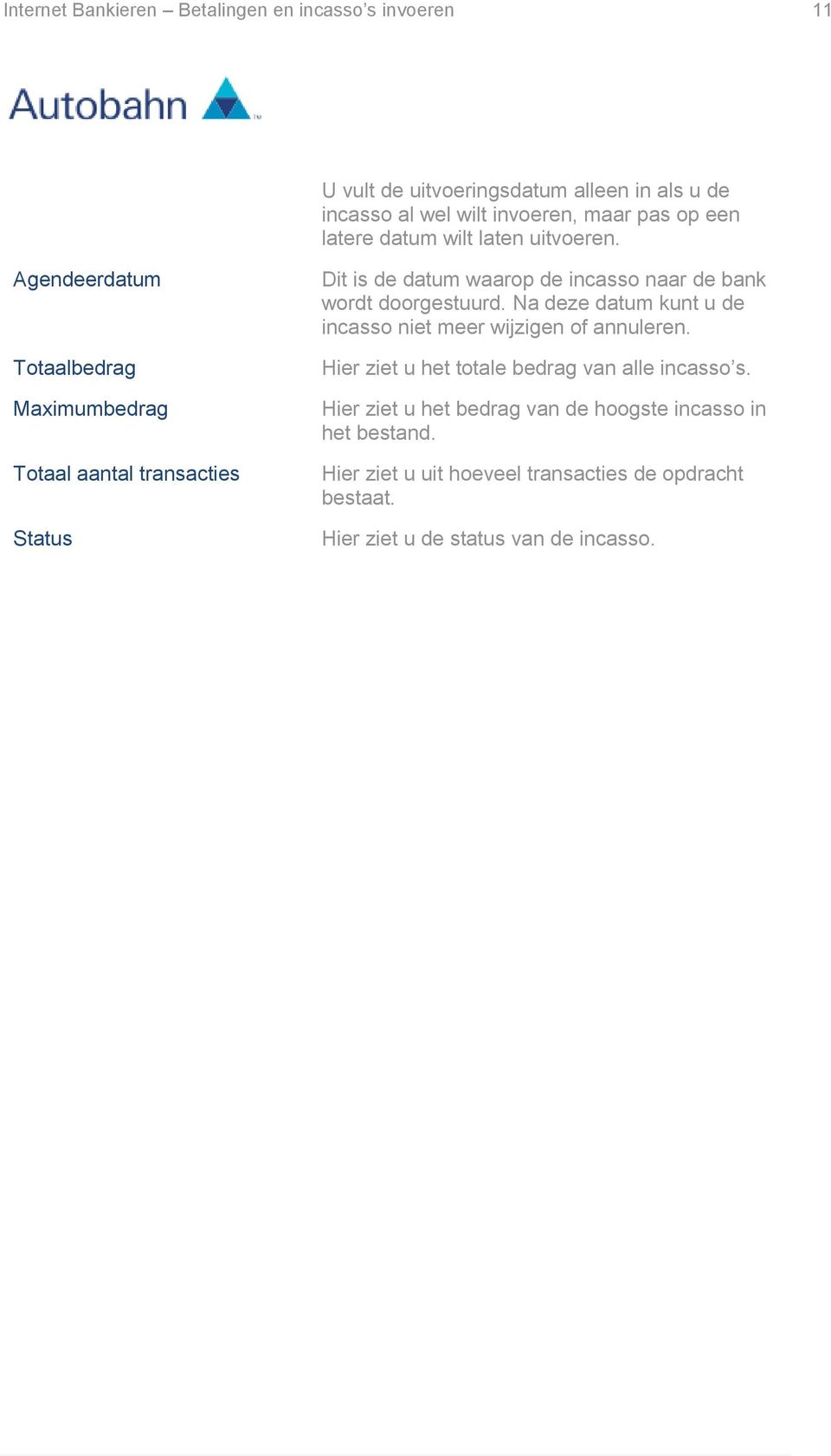 Agendeerdatum Totaalbedrag Maximumbedrag Totaal aantal transacties Status Dit is de datum waarop de incasso naar de bank wordt doorgestuurd.