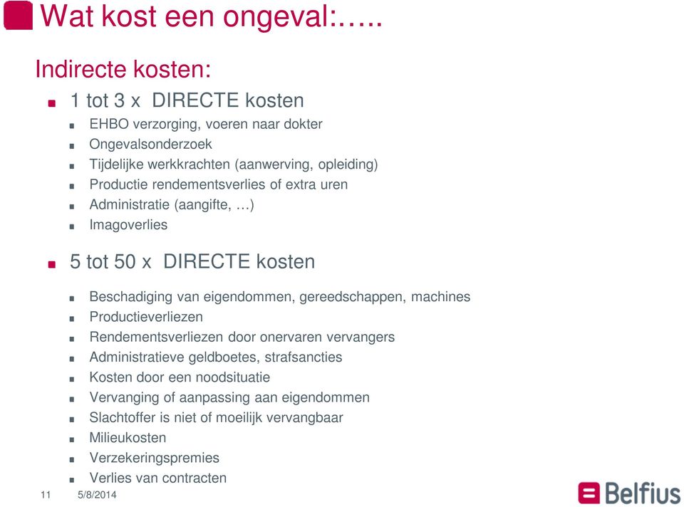 Productie rendementsverlies of extra uren Administratie (aangifte, ) Imagoverlies 5 tot 50 x DIRECTE kosten 11 Beschadiging van eigendommen,