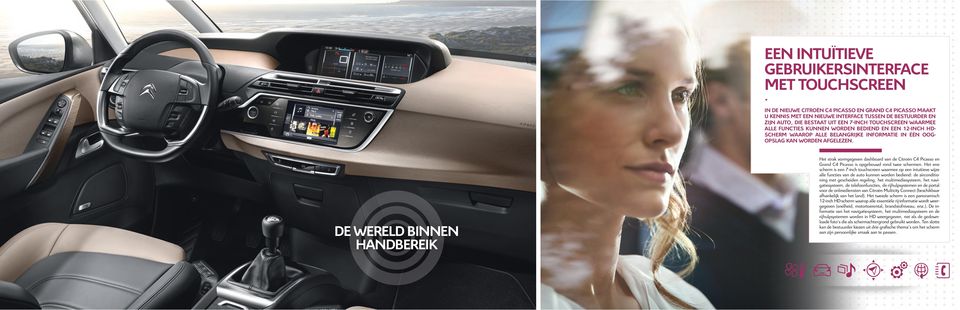 DE WERELD BINNEN HANDBEREIK Het strak vormgegeven dashboard van de Citroën C4 Picasso en Grand C4 Picasso is opgebouwd rond twee schermen.