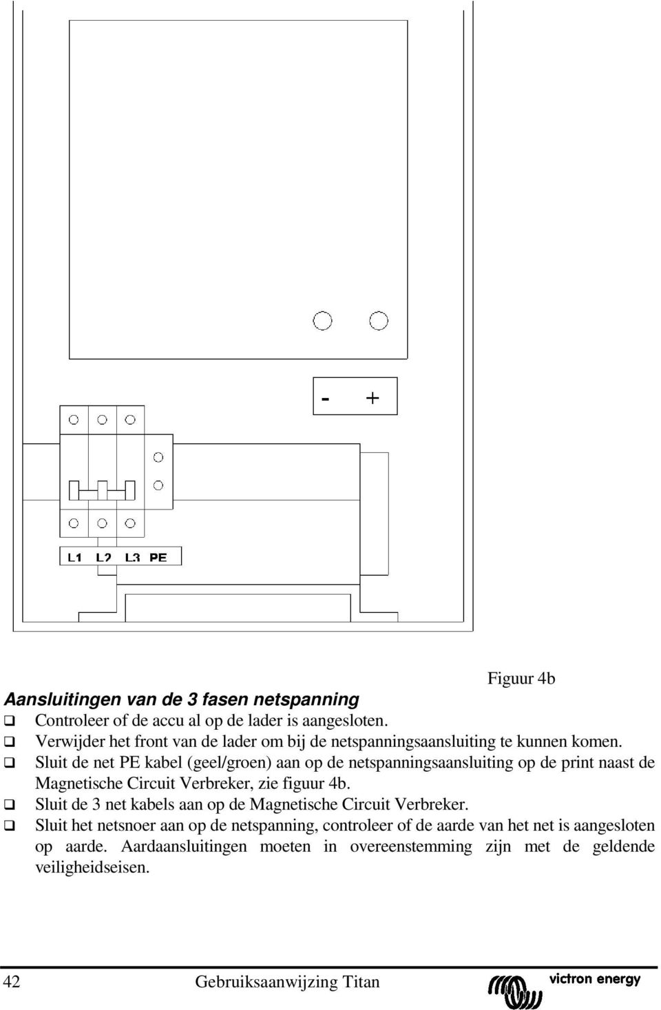 Sluit de net PE kabel (geel/groen) aan op de netspanningsaansluiting op de print naast de Magnetische Circuit Verbreker, zie figuur 4b.