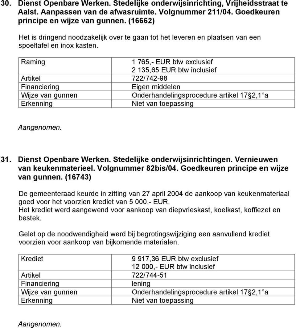 1 765,- EUR btw exclusief 2 135,65 EUR btw inclusief Artikel 722/742-98 Eigen middelen 31. Dienst Openbare Werken. Stedelijke onderwijsinrichtingen. Vernieuwen van keukenmaterieel.