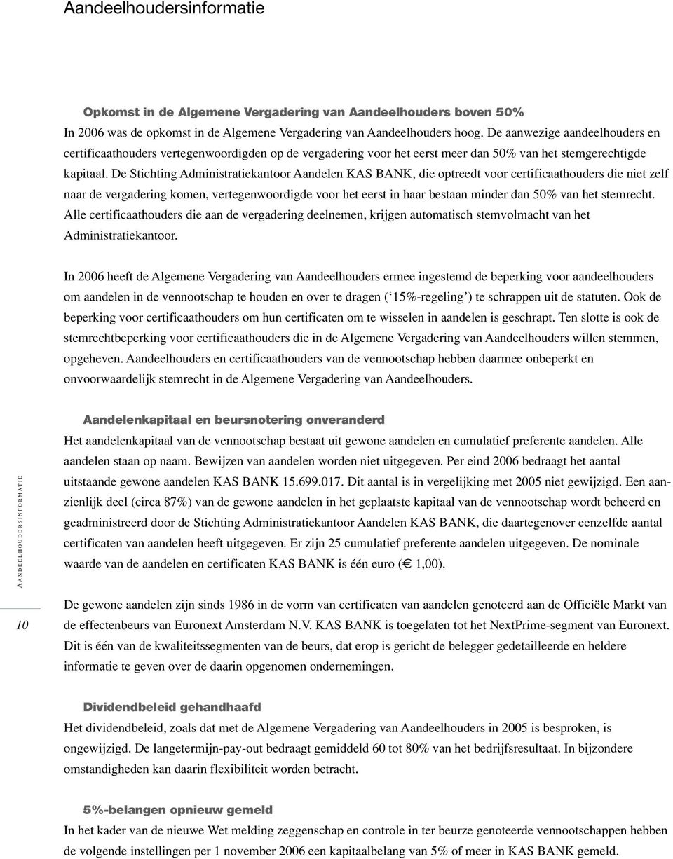 De Stichting Administratiekantoor Aandelen KAS BANK, die optreedt voor certificaathouders die niet zelf naar de vergadering komen, vertegenwoordigde voor het eerst in haar bestaan minder dan 50% van