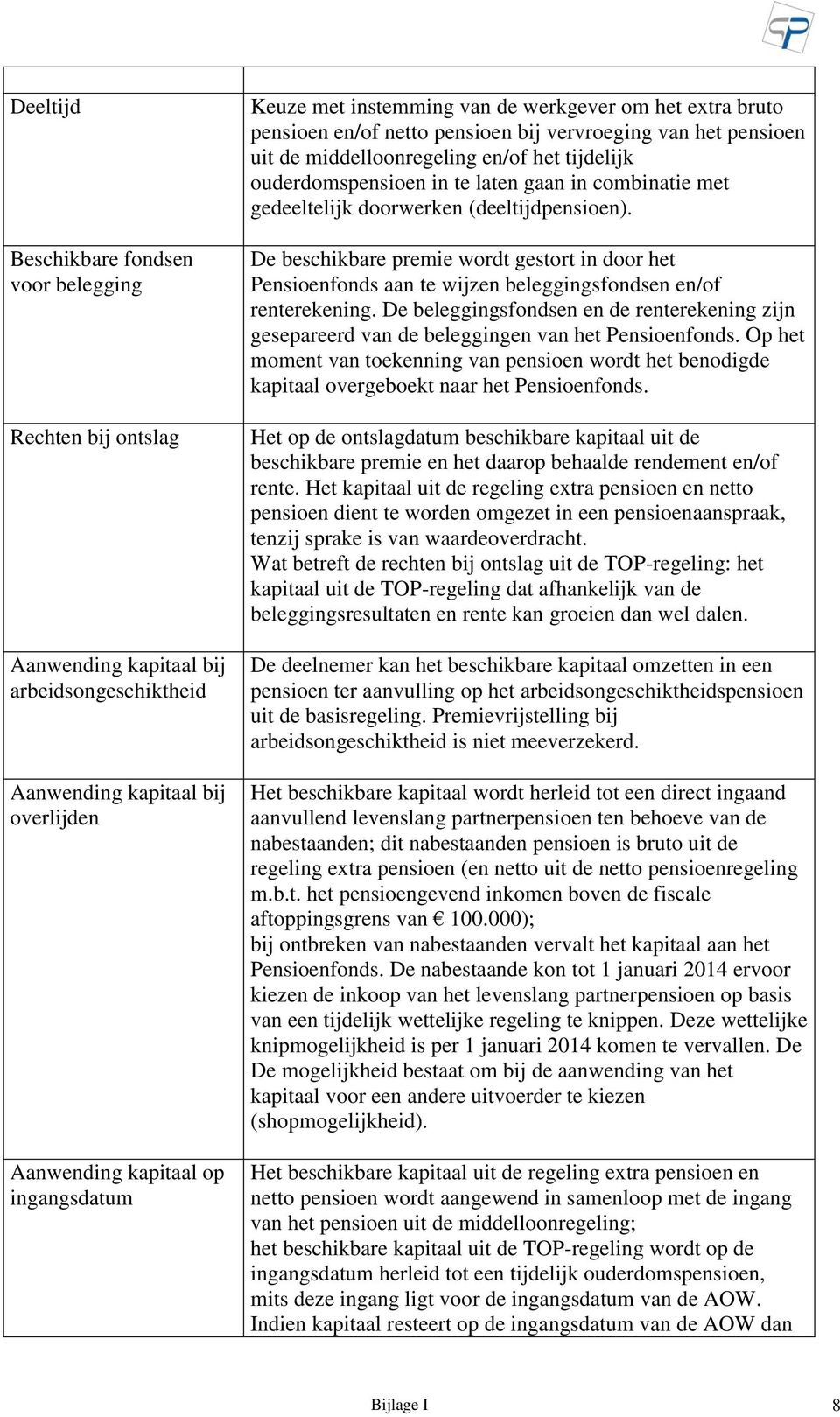 combinatie met gedeeltelijk doorwerken (deeltijdpensioen). De beschikbare premie wordt gestort in door het Pensioenfonds aan te wijzen beleggingsfondsen en/of renterekening.