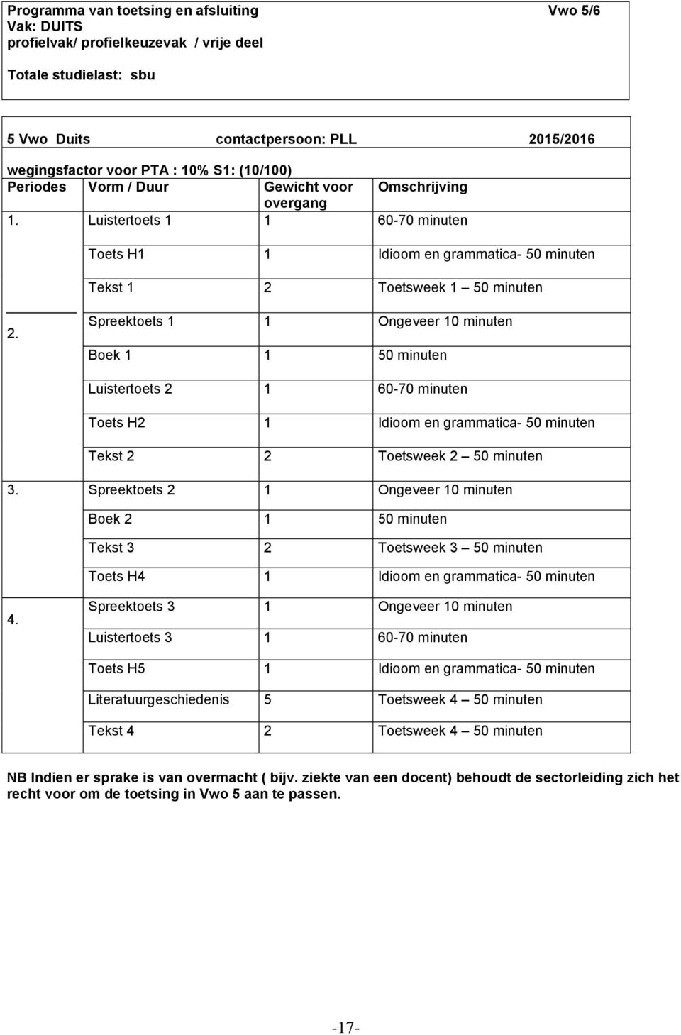 Spreektoets 1 1 Ongeveer 10 minuten Boek 1 1 Luistertoets 2 1 60-70 minuten Toets H2 1 Idioom en grammatica- Tekst 2 2 Toetsweek 2 3.