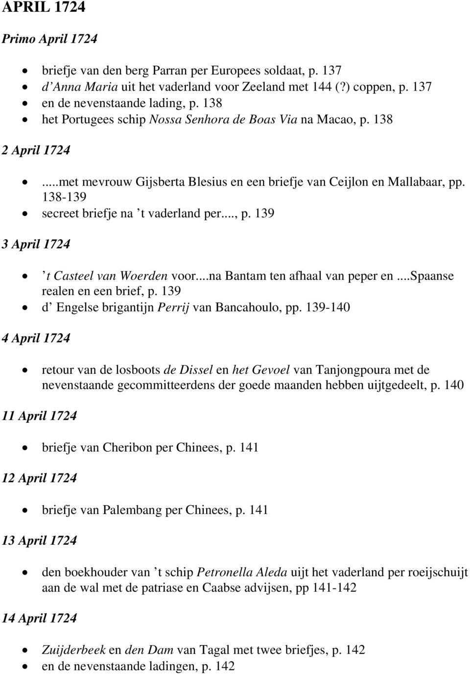 .., p. 139 3 April 1724 t Casteel van Woerden voor...na Bantam ten afhaal van peper en...spaanse realen en een brief, p. 139 d Engelse brigantijn Perrij van Bancahoulo, pp.