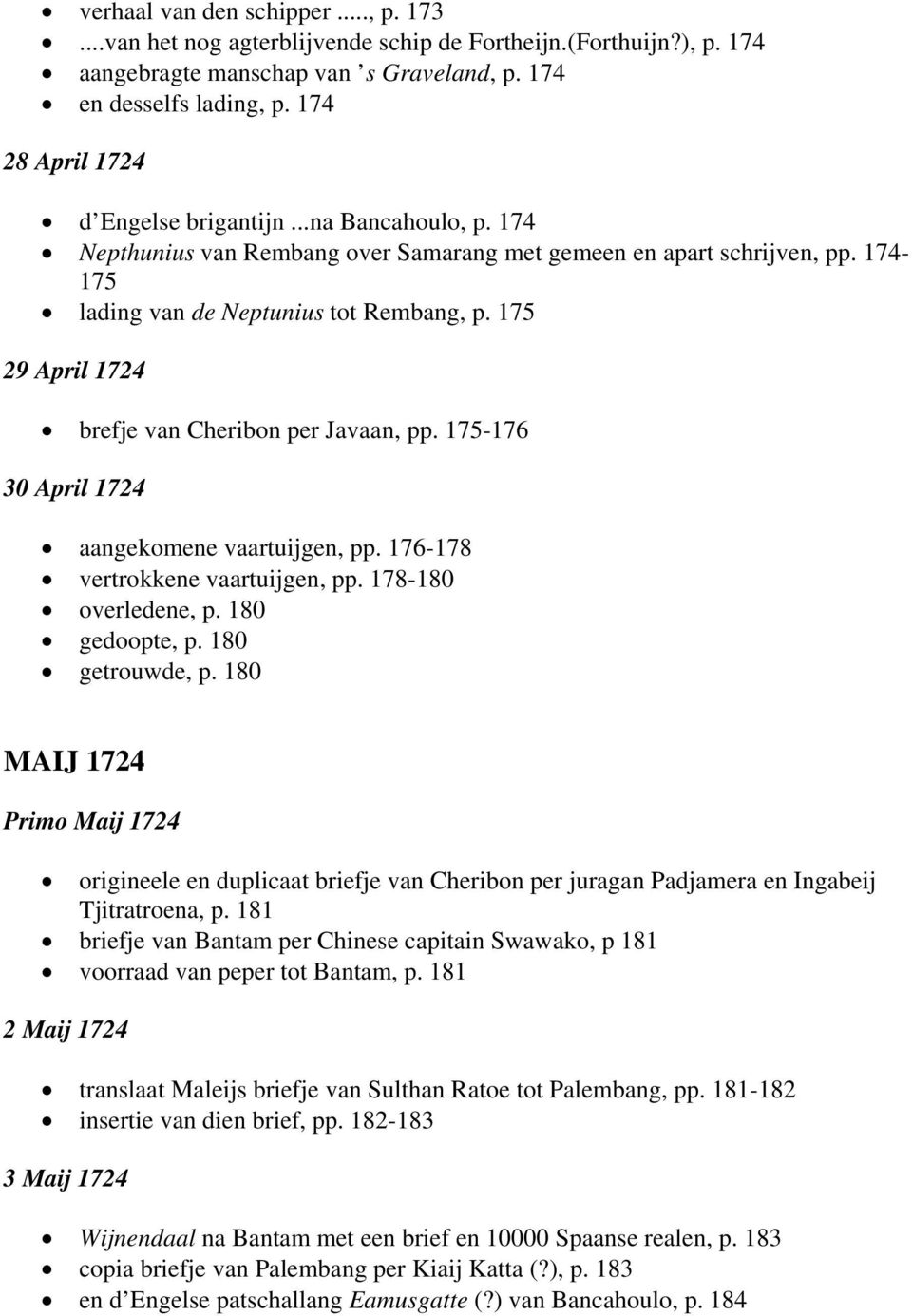 175 29 April 1724 brefje van Cheribon per Javaan, pp. 175-176 30 April 1724 aangekomene vaartuijgen, pp. 176-178 vertrokkene vaartuijgen, pp. 178-180 overledene, p. 180 gedoopte, p. 180 getrouwde, p.
