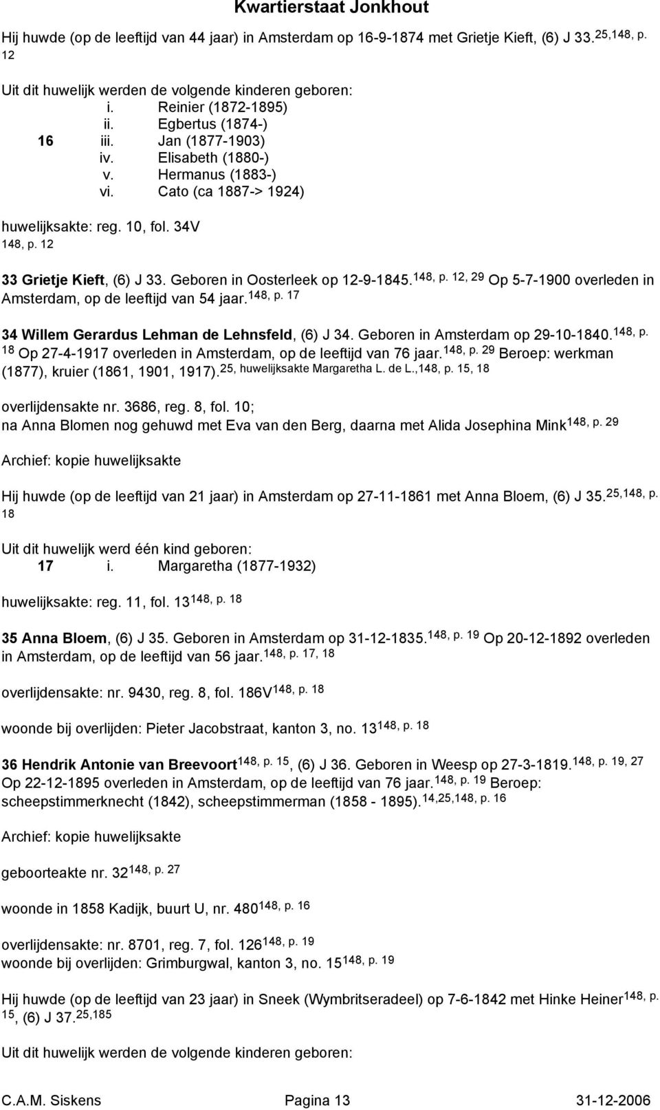 Geboren in Oosterleek op 12-9-1845. 148, p. 12, 29 Op 5-7-1900 overleden in Amsterdam, op de leeftijd van 54 jaar. 148, p. 17 34 Willem Gerardus Lehman de Lehnsfeld, (6) J 34.