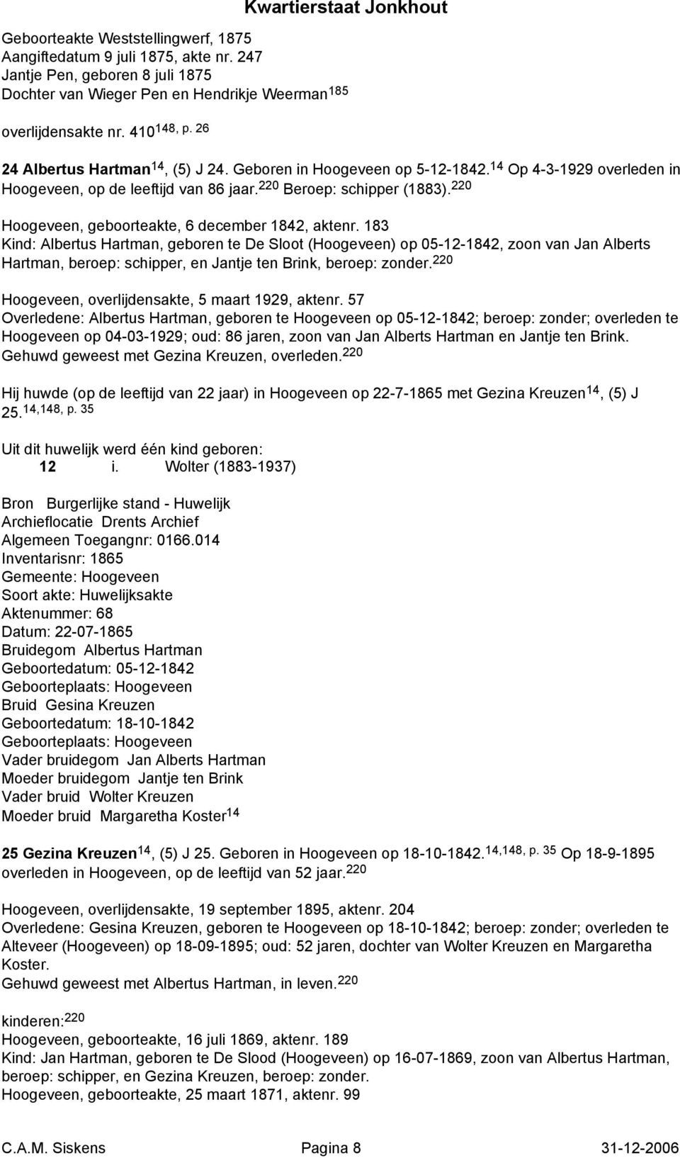 220 Hoogeveen, geboorteakte, 6 december 1842, aktenr.