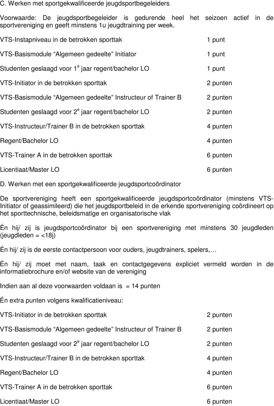 Algemeen gedeelte Instructeur of Trainer B Studenten geslaagd voor 2 e jaar regent/bachelor LO VTS-Instructeur/Trainer B in de betrokken sporttak Regent/Bachelor LO VTS-Trainer A in de betrokken