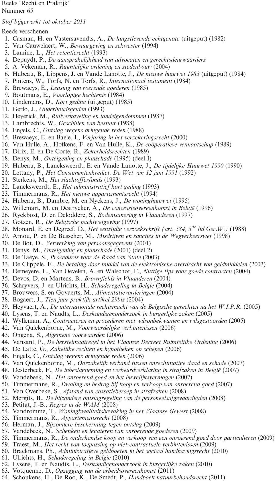 , Ruimtelijke ordening en stedenbouw (2004) 6. Hubeau, B., Lippens, J. en Vande Lanotte, J., De nieuwe huurwet 1983 (uitgeput) (1984) 7. Pintens, W., Torfs, N. en Torfs, R.