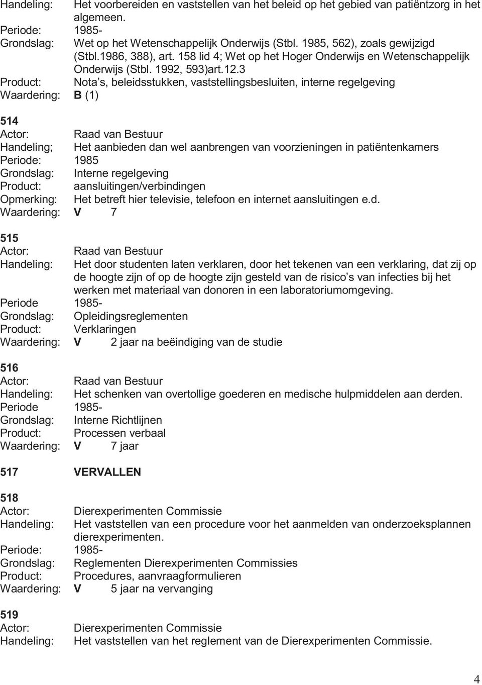 3 Product: Nota s, beleidsstukken, vaststellingsbesluiten, interne regelgeving Waardering: B (1) 514 Handeling; Het aanbieden dan wel aanbrengen van voorzieningen in patiëntenkamers Periode: 1985