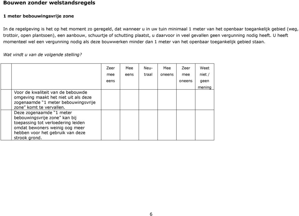 U heeft momenteel wel een vergunning nodig als deze bouwwerken minder dan 1 meter van het openbaar toegankelijk gebied staan. Wat vindt u van de volgende stelling?