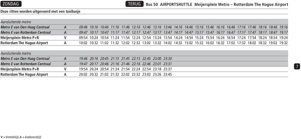 Meijersplein Metro P+R V 09:54 10:24 10:54 11:24 11:54 12:24 12:54 13:24 13:54 14:24 14:54 15:24 15:54 16:24 16:54 17:24 17:54 18:24 18:54 19:24 Rotterdam The Hague Airport A 10:02 10:32 11:02 11:32