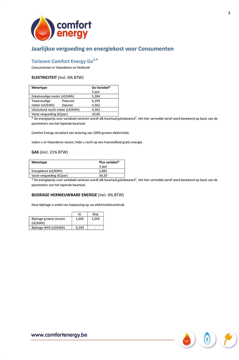 * De energieprijs voor variabele tarieven wordt elk kwartaal geïndexeerd 2. Het hier vermelde tarief werd berekend op basis van de parameters van het lopende kwartaal.