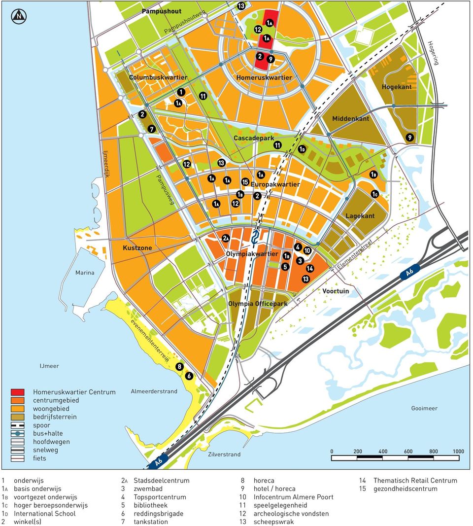 Stadsdeelcentrum 3 zwembad 4 Topsportcentrum 5 bibliotheek 6 reddingsbrigade 7 tankstation 8 horeca 9 hotel / horeca 10