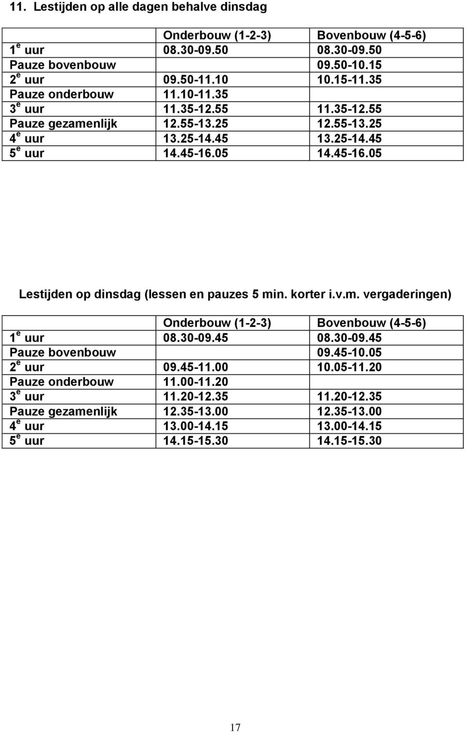 05 14.45-16.05 Lestijden op dinsdag (lessen en pauzes 5 min. korter i.v.m. vergaderingen) Onderbouw (1-2-3) Bovenbouw (4-5-6) 1 e uur 08.30-09.45 08.30-09.45 Pauze bovenbouw 09.