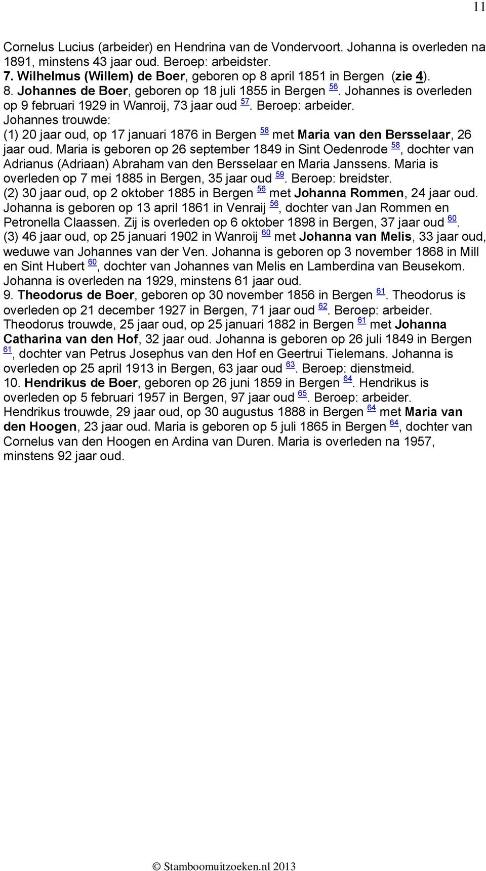 Beroep: arbeider. Johannes trouwde: (1) 20 jaar oud, op 17 januari 1876 in Bergen 58 met Maria van den Bersselaar, 26 jaar oud.