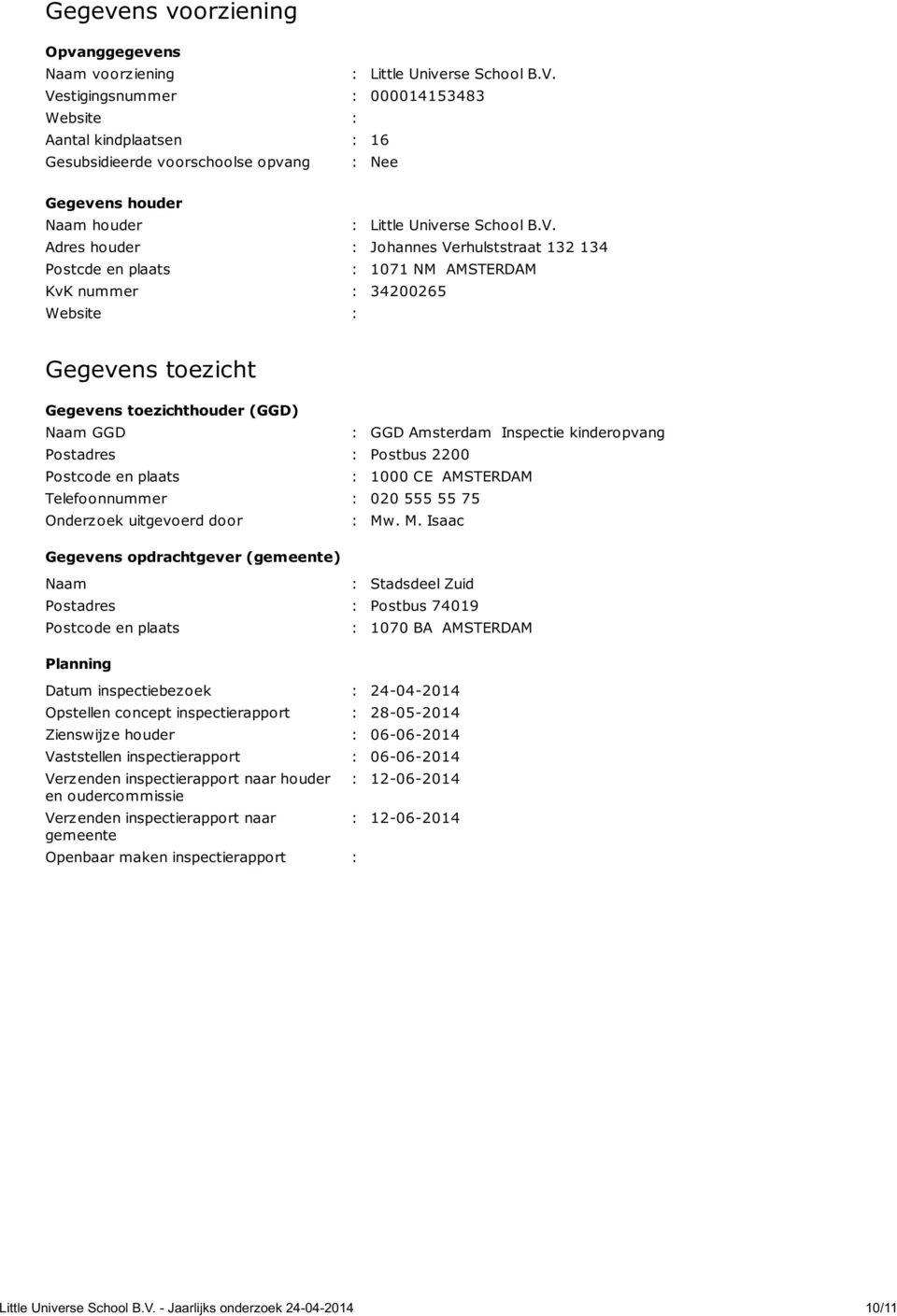 Verhulststraat 132 134 Postcde en plaats : 1071 NM AMSTERDAM KvK nummer : 34200265 Website : Gegevens toezicht Gegevens toezichthouder (GGD) Naam GGD : GGD Amsterdam Inspectie kinderopvang Postadres