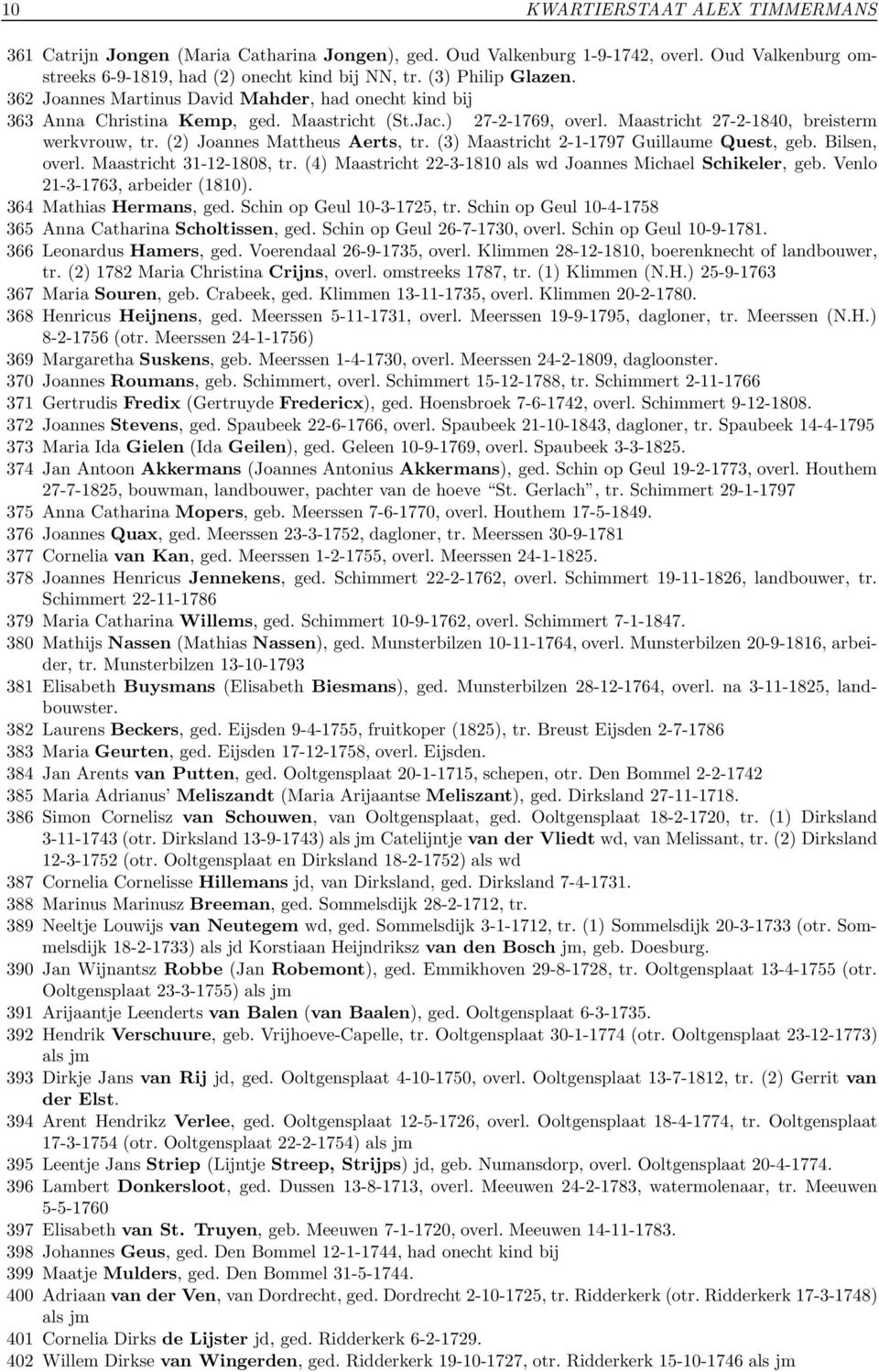 (2) Joannes Mattheus Aerts, tr. (3) Maastricht 2-1-1797 Guillaume Quest, geb. Bilsen, overl. Maastricht 31-12-1808, tr. (4) Maastricht 22-3-1810 als wd Joannes Michael Schikeler, geb.