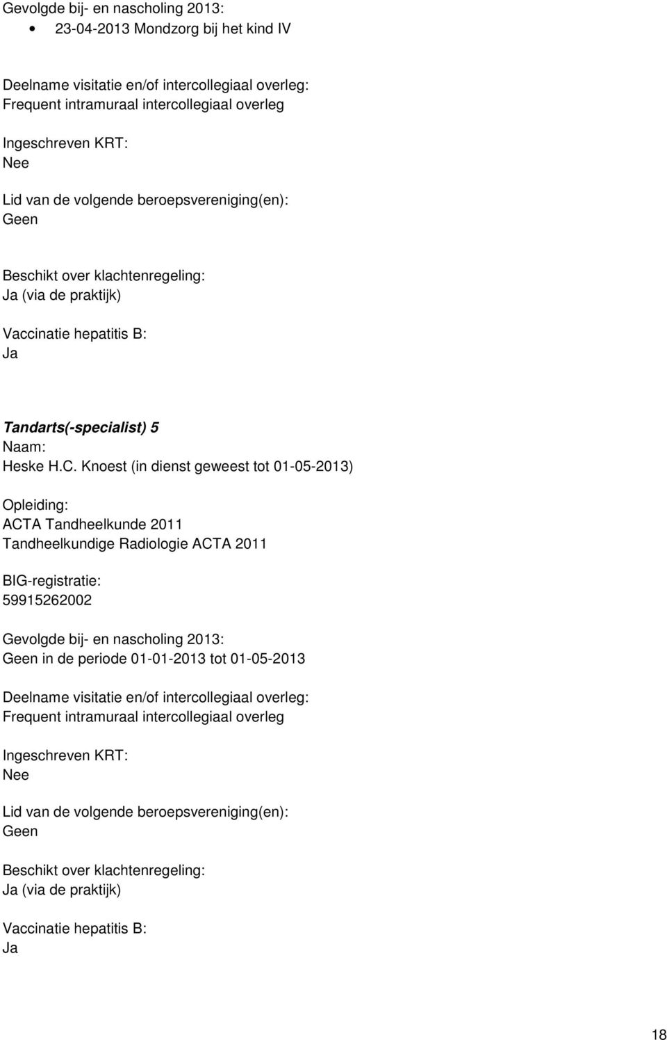 Knoest (in dienst geweest tot 01-05-2013) ACTA Tandheelkunde 2011 Tandheelkundige Radiologie ACTA 2011 BIG-registratie: 59915262002 Geen in de periode 01-01-2013 tot