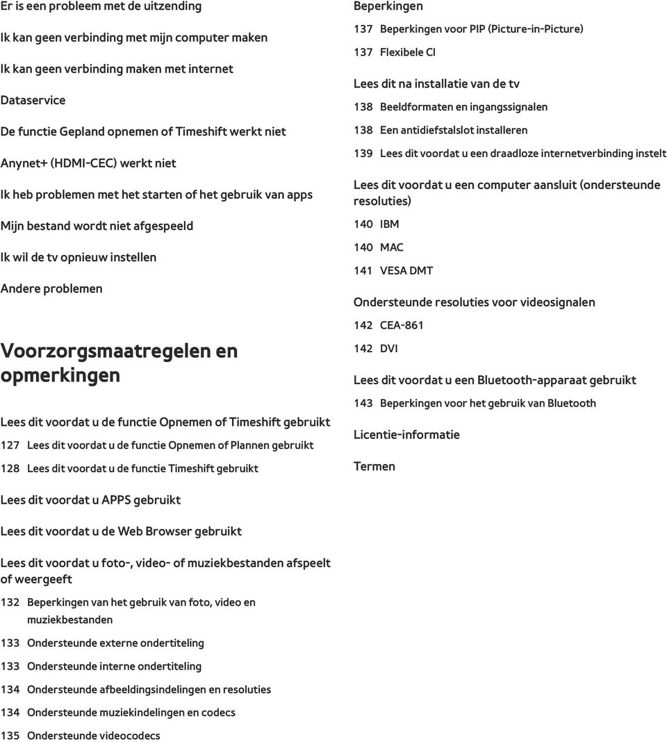 Lees dit voordat u de functie Opnemen of Timeshift gebruikt 127 Lees dit voordat u de functie Opnemen of Plannen gebruikt 128 Lees dit voordat u de functie Timeshift gebruikt Beperkingen 137