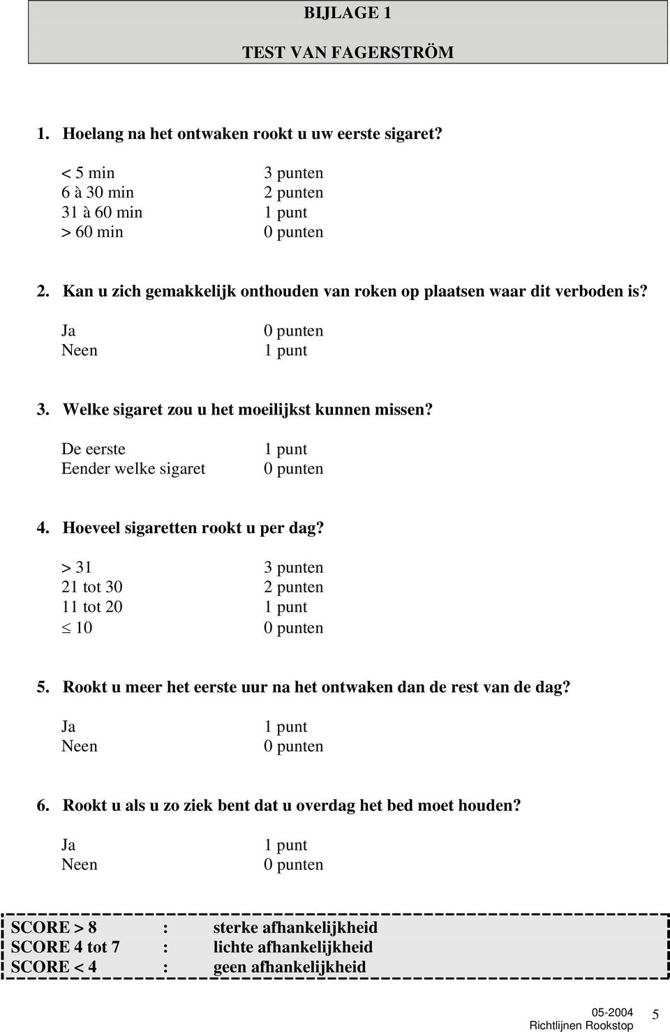 De eerste Eender welke sigaret 1 punt 0 punten 4. Hoeveel sigaretten rookt u per dag? > 31 3 punten 21 tot 30 2 punten 11 tot 20 1 punt 10 0 punten 5.